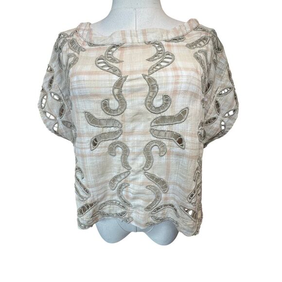 Free People We The Free Embroidered Laser Cutout Boxy Boho Crop Top Size Small - Picture 1 of 15